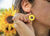 Sunflower Polymer Clay Earrings, 3D, Yellow, Hoop, 50 mm Drop, Silver, Holding on hand to ear, front view