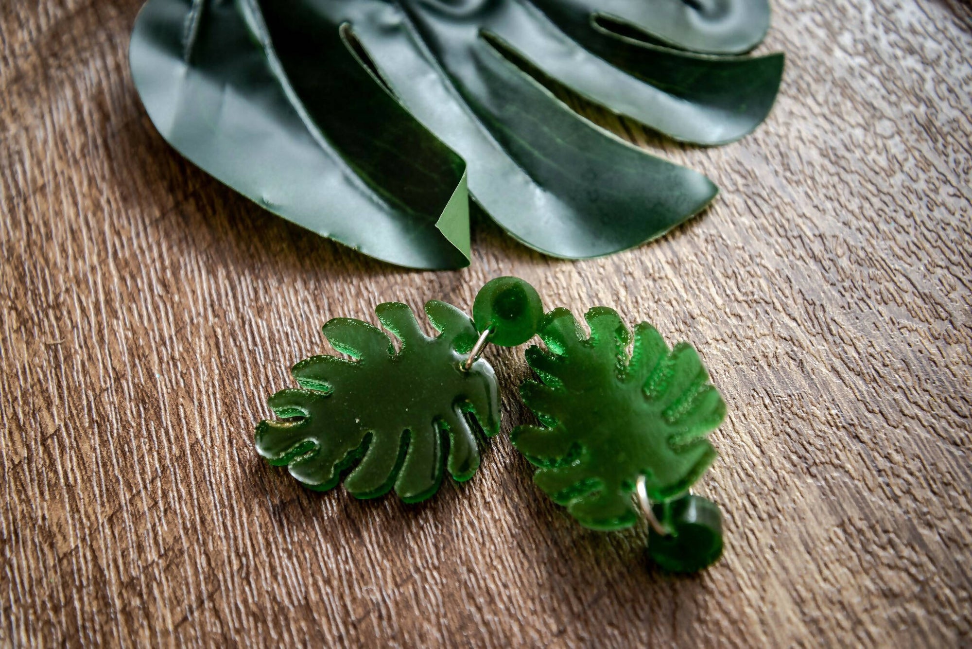 Leaf Resin Earrings | Green | Drop Length 55 mm | Silver Accents