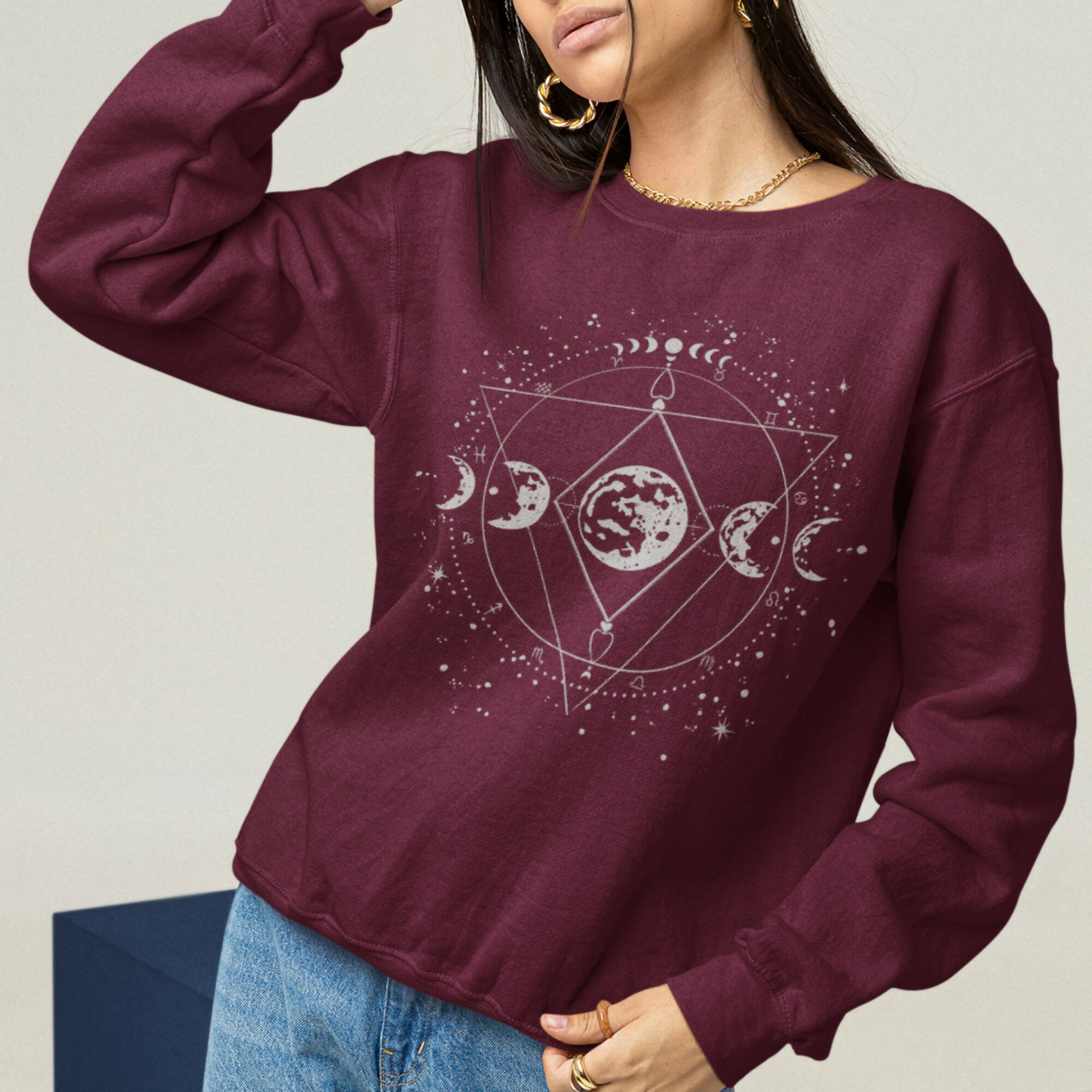 Hand-Drawn Geometric Moon Sweatshirt (Made-to-order. Free delivery, arrives within 2 weeks)