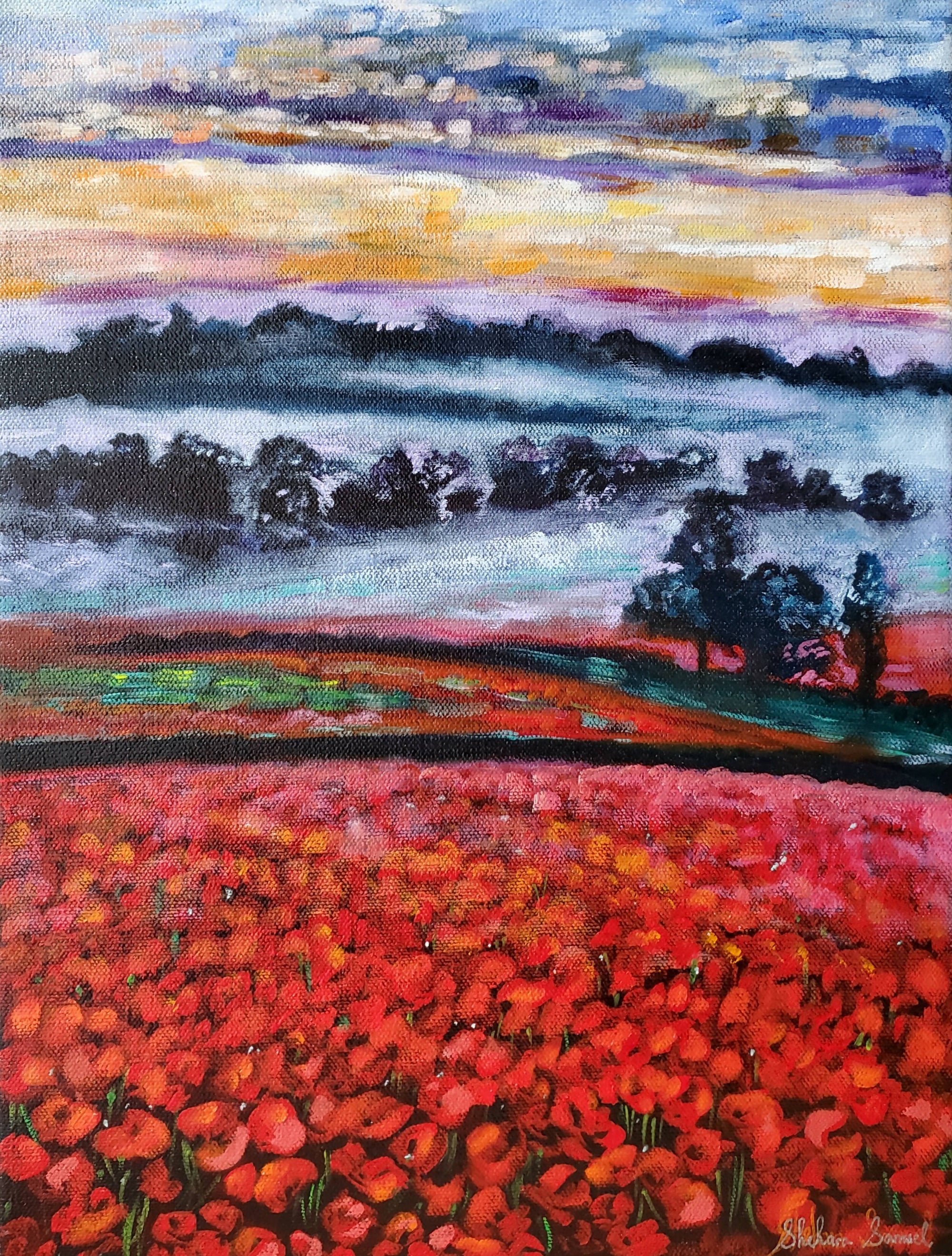Art - Mixed Media/Oil Painting - "Fields of Poppies I "