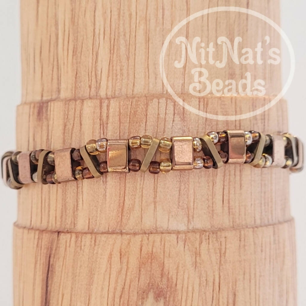 Silver and Brown Tile and Seed Bead Leather Wrap Bracelet -  Canada