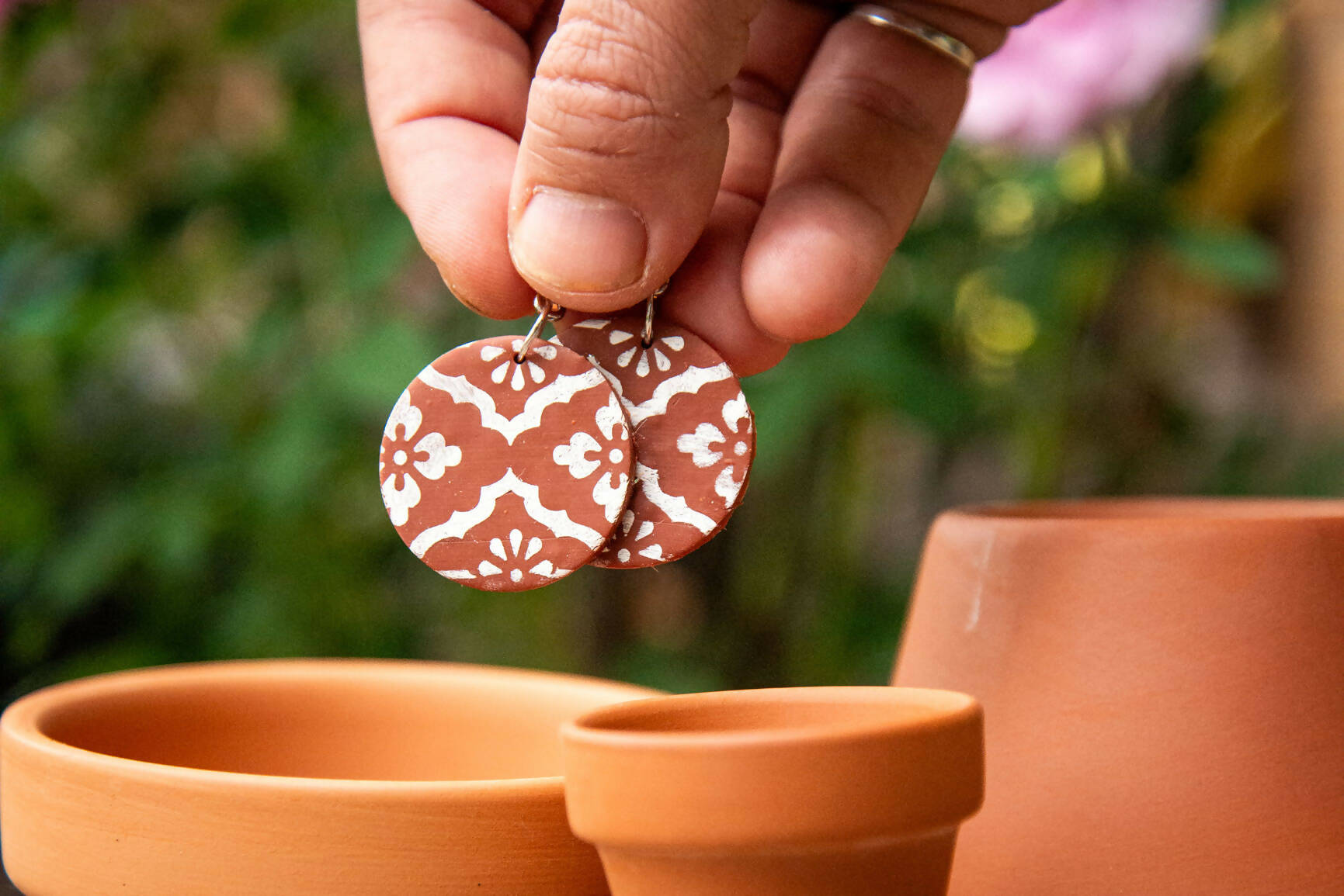 Terra Cotta Polymer Clay Earrings | Silver Accents | Brown | White