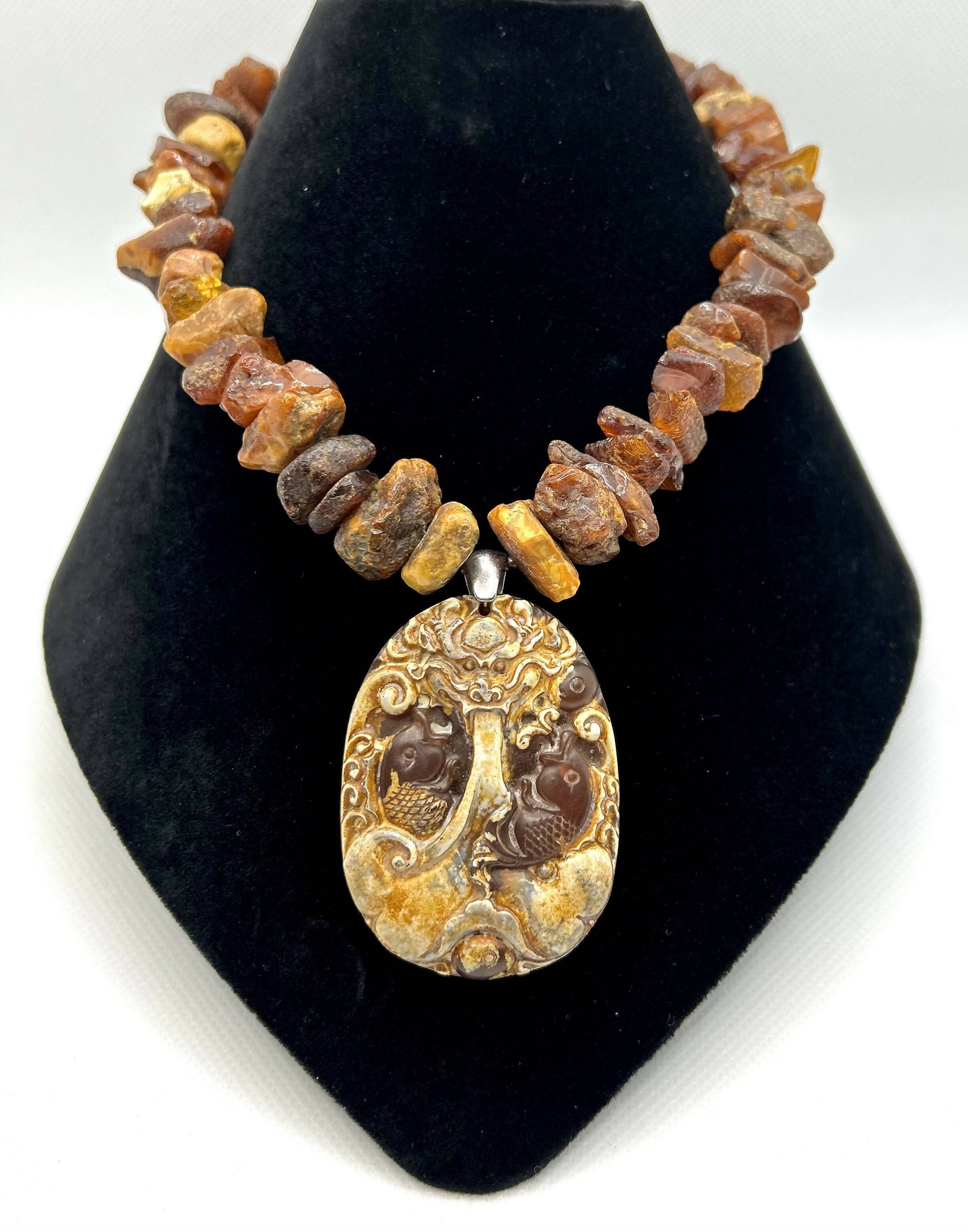 Raw Amber, Carnelian and Sterling Silver Necklace