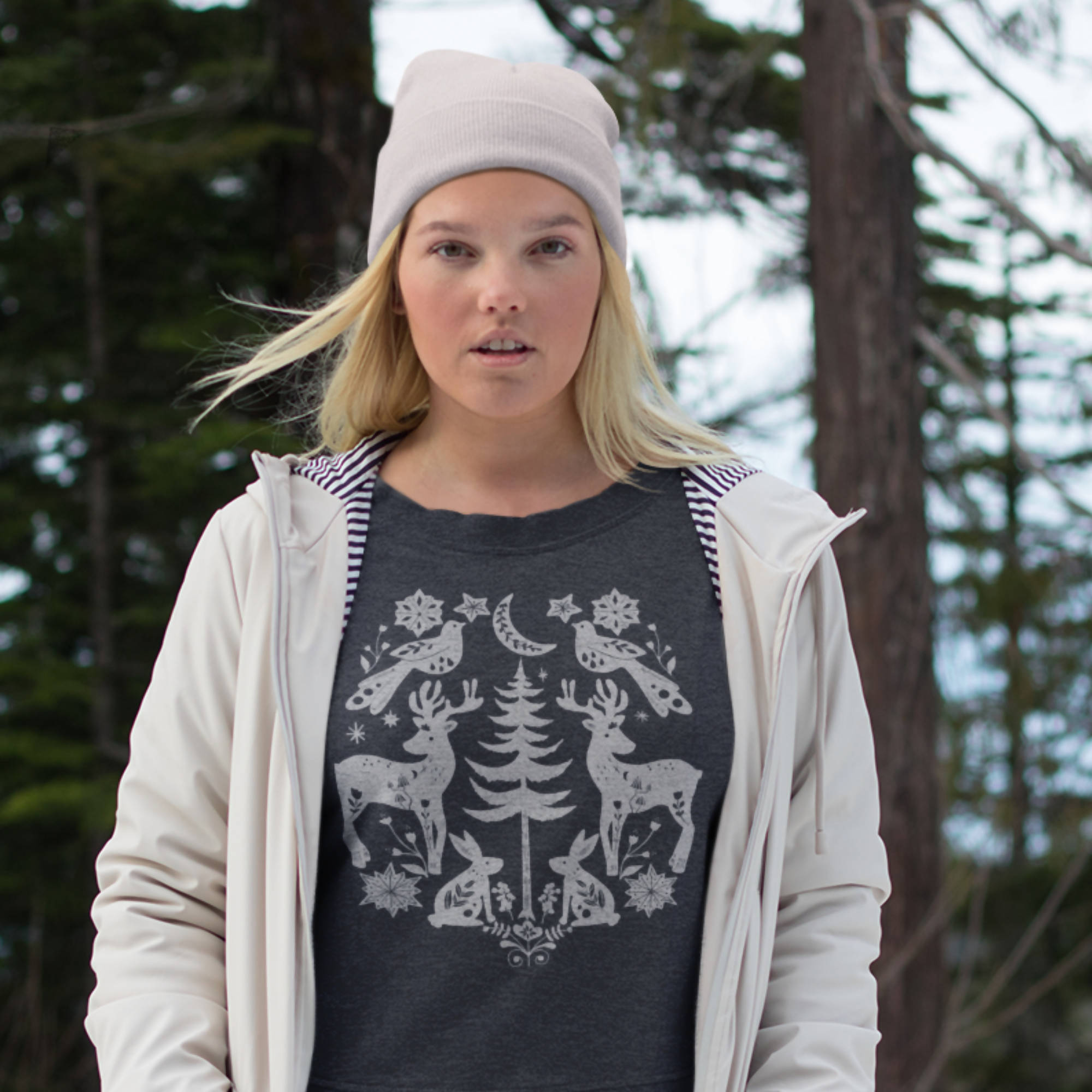 Winter Woods Folk Art Sweatshirt (Made-to-order. Delivered free within 2 weeks)