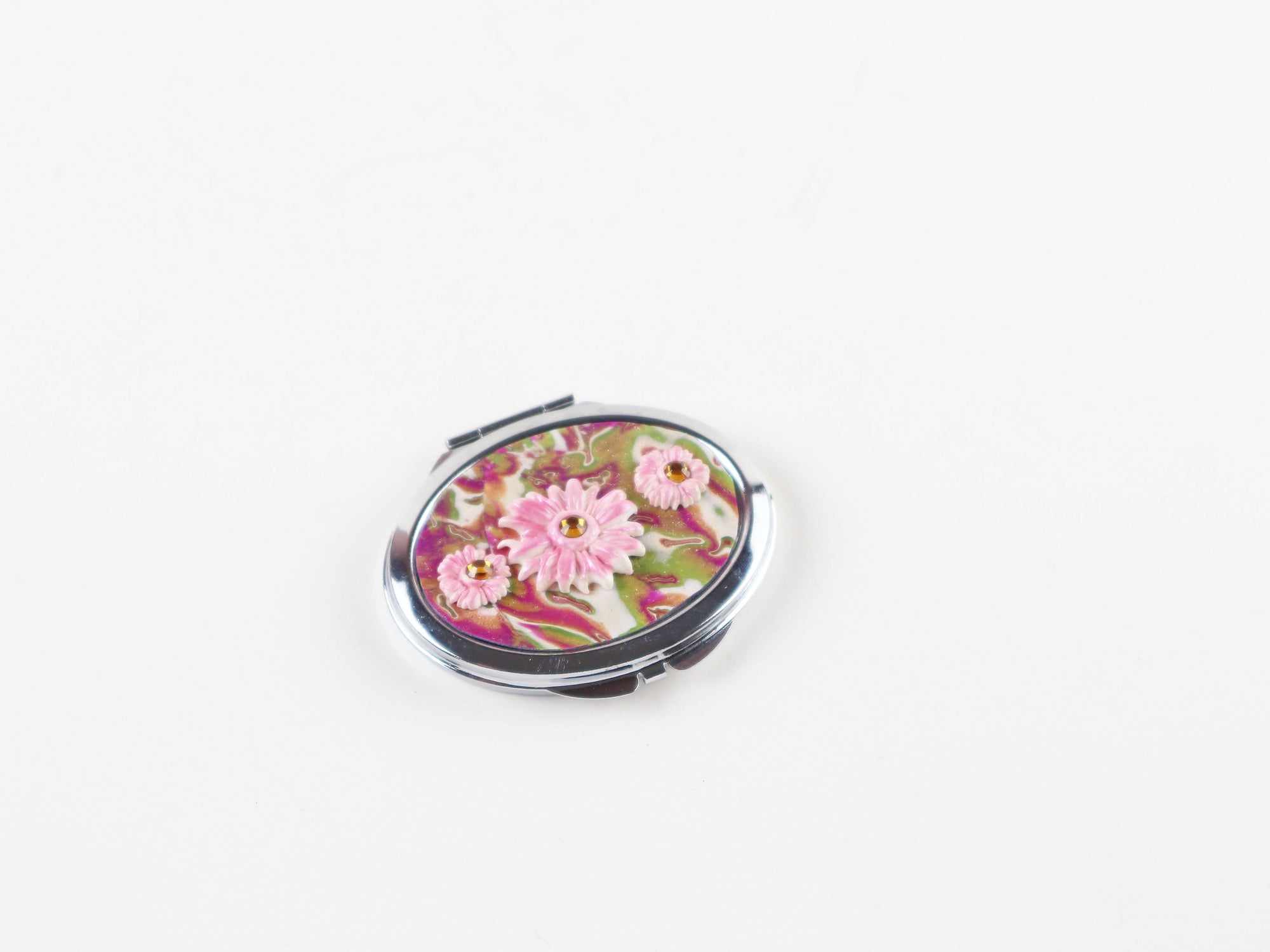 Free Shipping- Compact Mirror- Oval Pink & Green Stylized Flower w/ gems Design