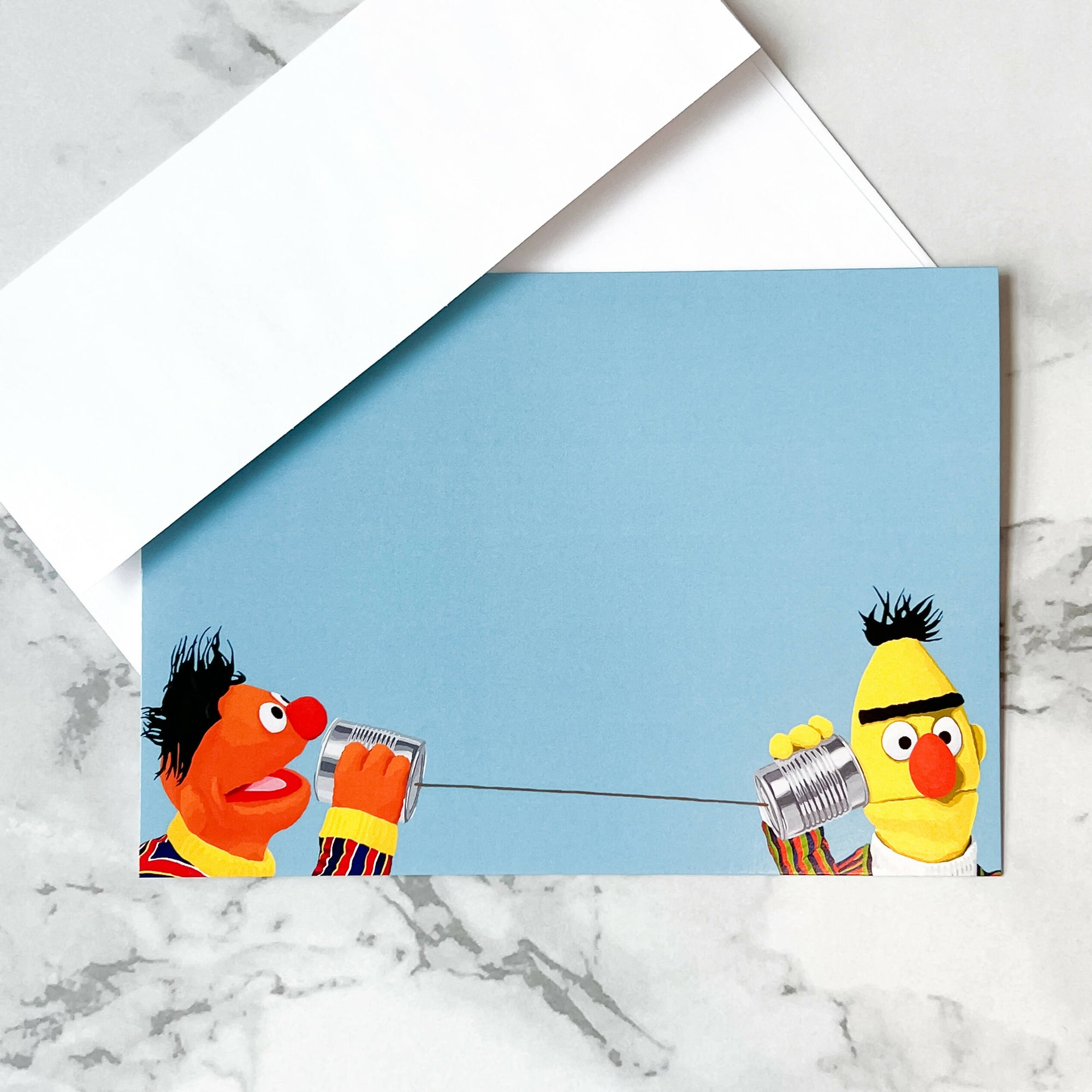 Ernie and Bert with tin can telephone pop culture art card