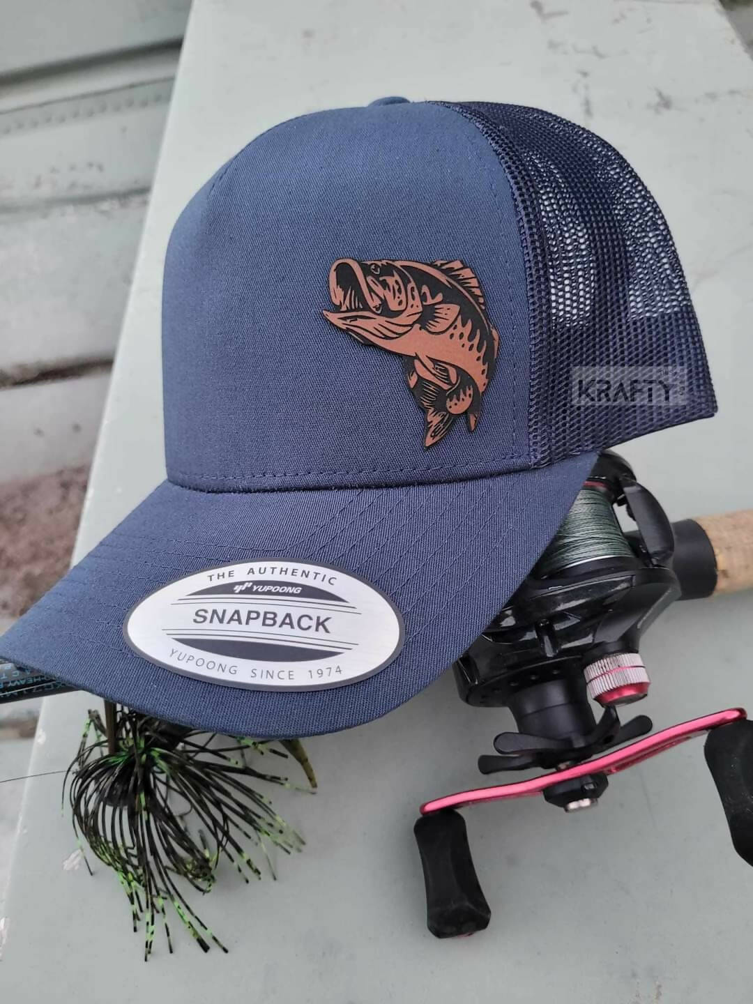 Bass fishing leather style patch trucker hat