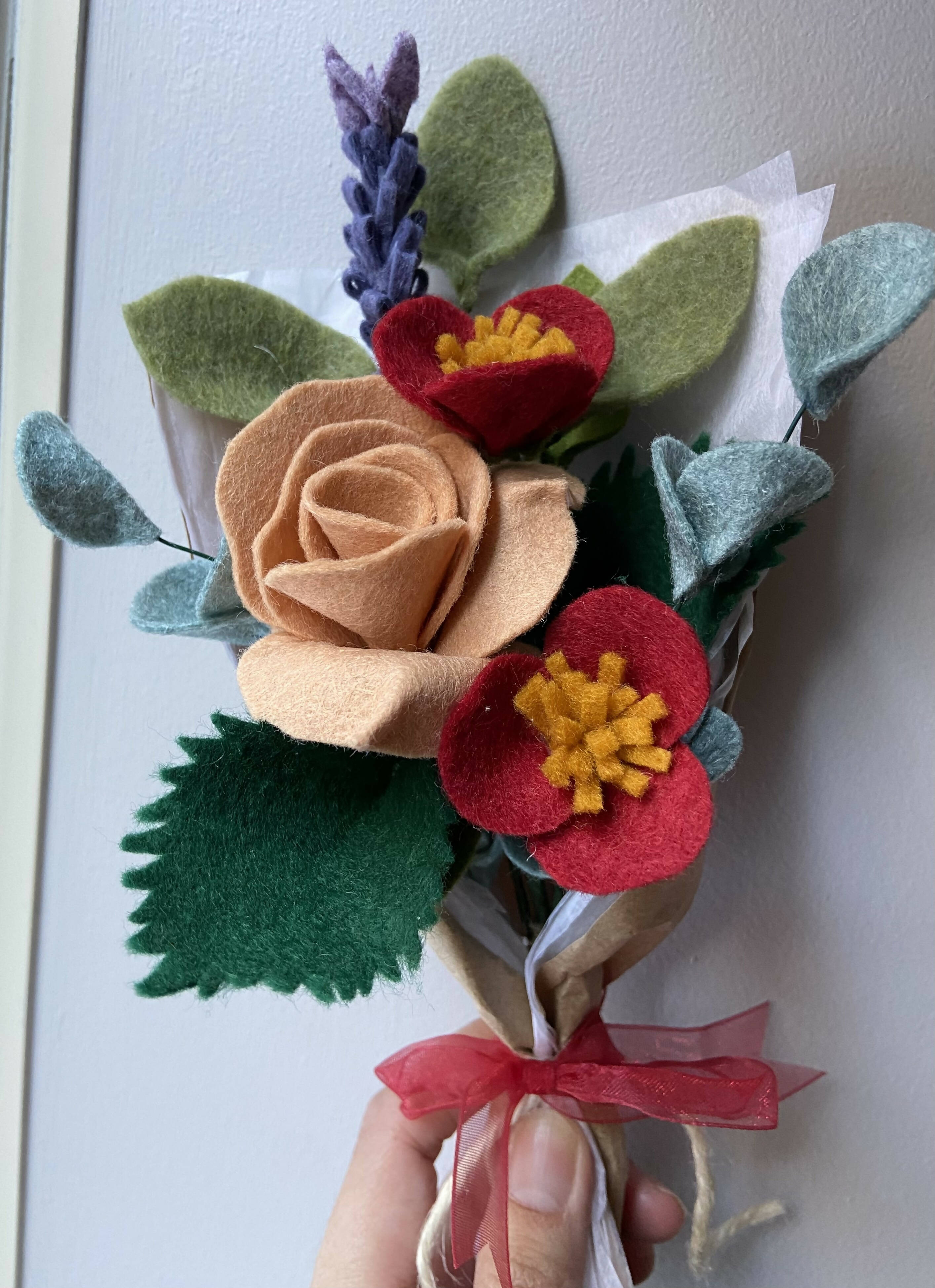 Felt Peach Rose and Wild Flower Bouquet