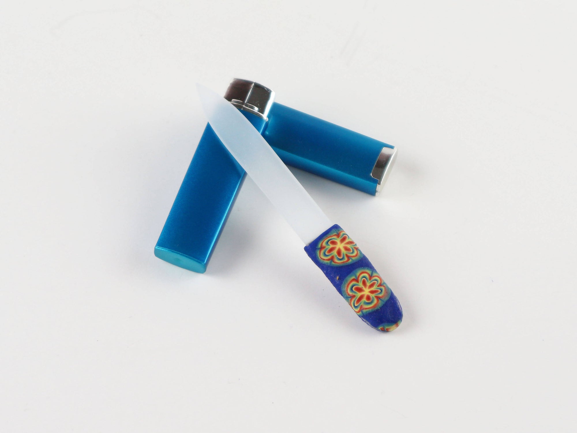 Free Shipping- Crystal Nail File w/ Hard Case- Blue with Rainbow Flower with Turquoise Case