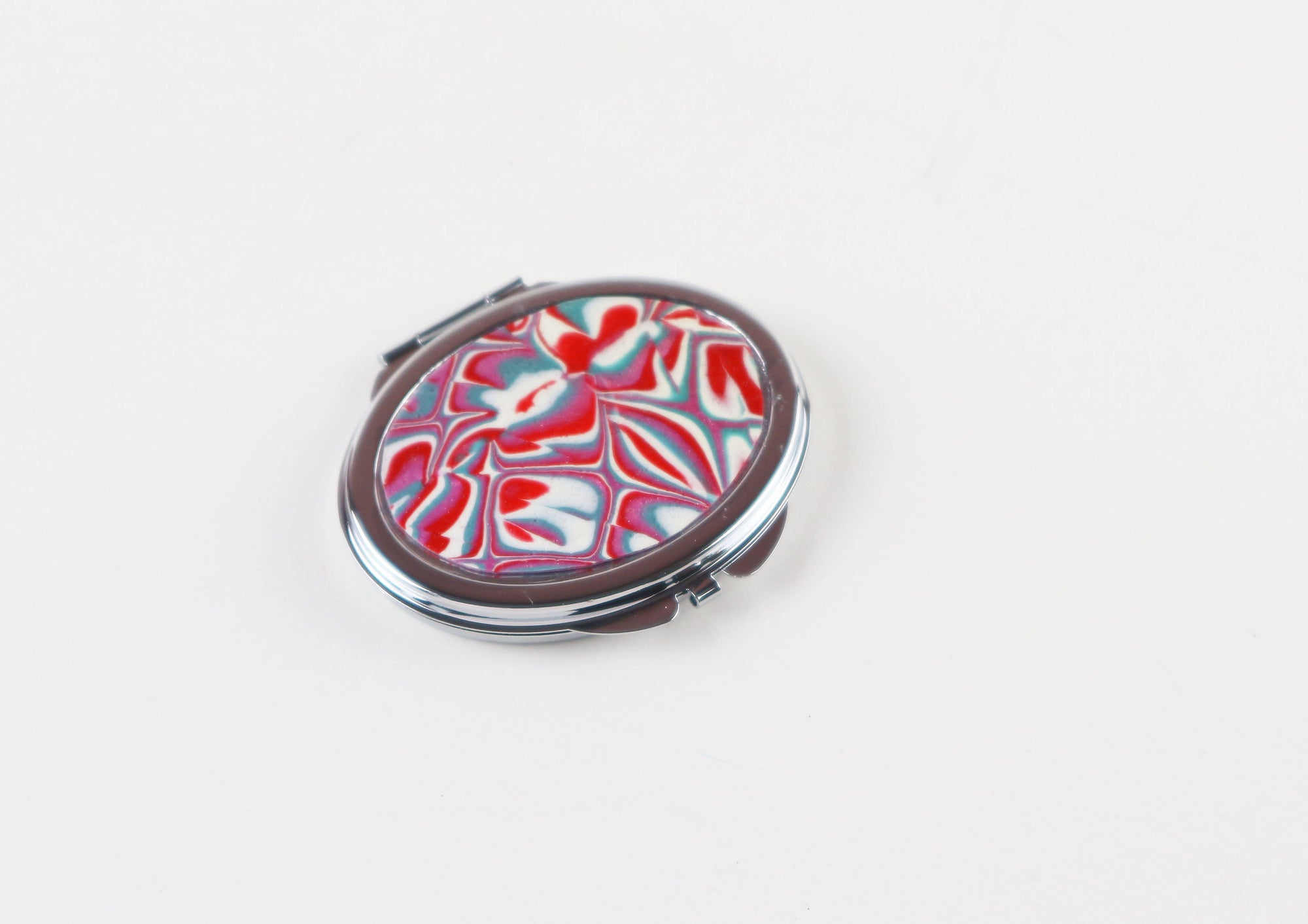Free Shipping- Compact Mirror- Oval Red Blue White Marble